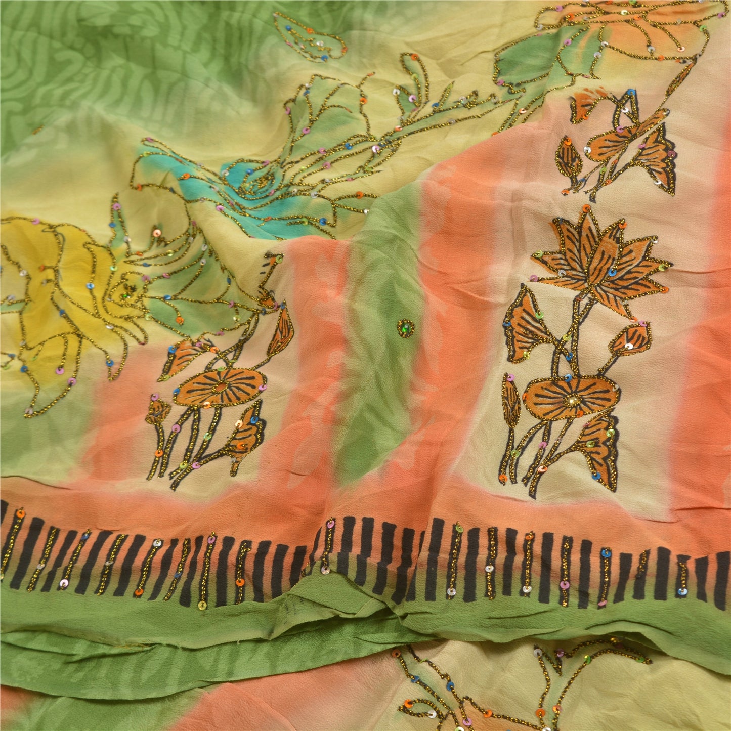 Sanskriti Vintage Sarees Green Hand Beaded Pure Crepe Silk Sari 5yd Craft Sustainable Fabric