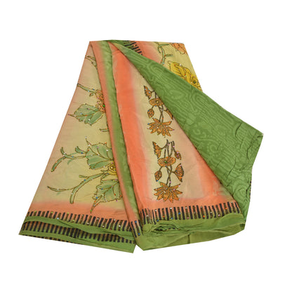 Sanskriti Vintage Sarees Green Hand Beaded Pure Crepe Silk Sari 5yd Craft Sustainable Fabric