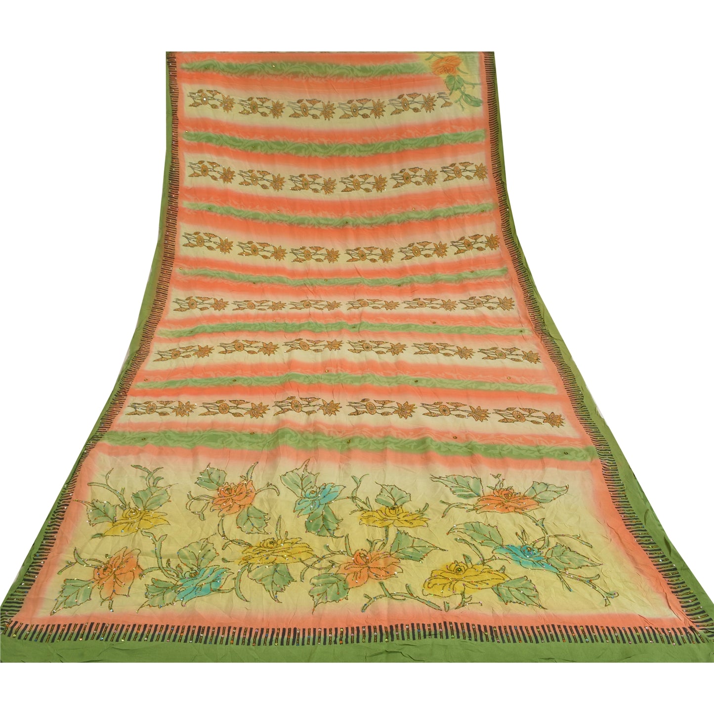 Sanskriti Vintage Sarees Green Hand Beaded Pure Crepe Silk Sari 5yd Craft Sustainable Fabric