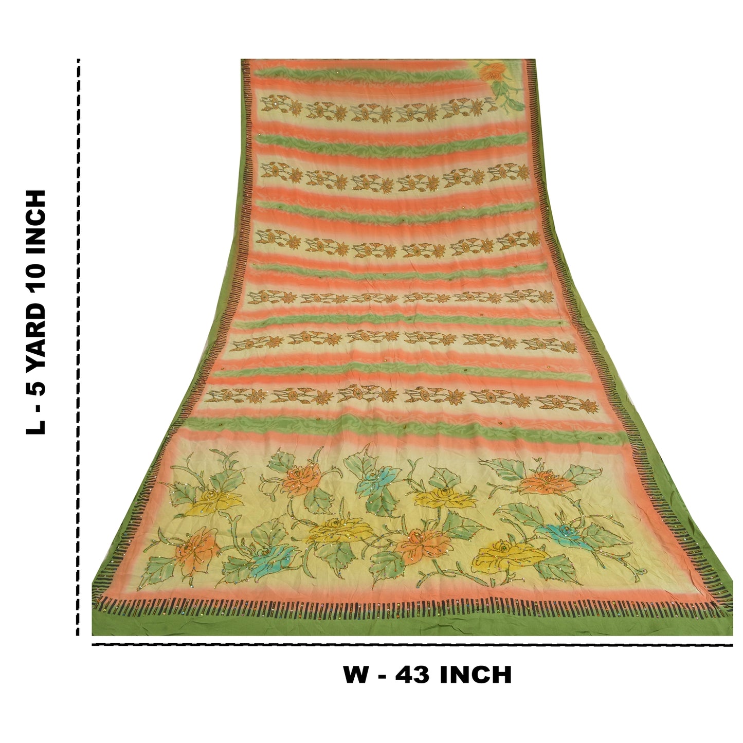 Sanskriti Vintage Sarees Green Hand Beaded Pure Crepe Silk Sari 5yd Craft Sustainable Fabric