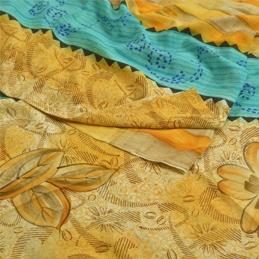 Sanskriti Vintage Sarees Yellow Pure Crepe Silk Printed Sari Soft Craft Sustainable Fabric