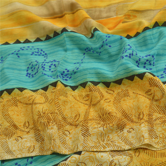 Sanskriti Vintage Sarees Yellow Pure Crepe Silk Printed Sari Soft Craft Sustainable Fabric