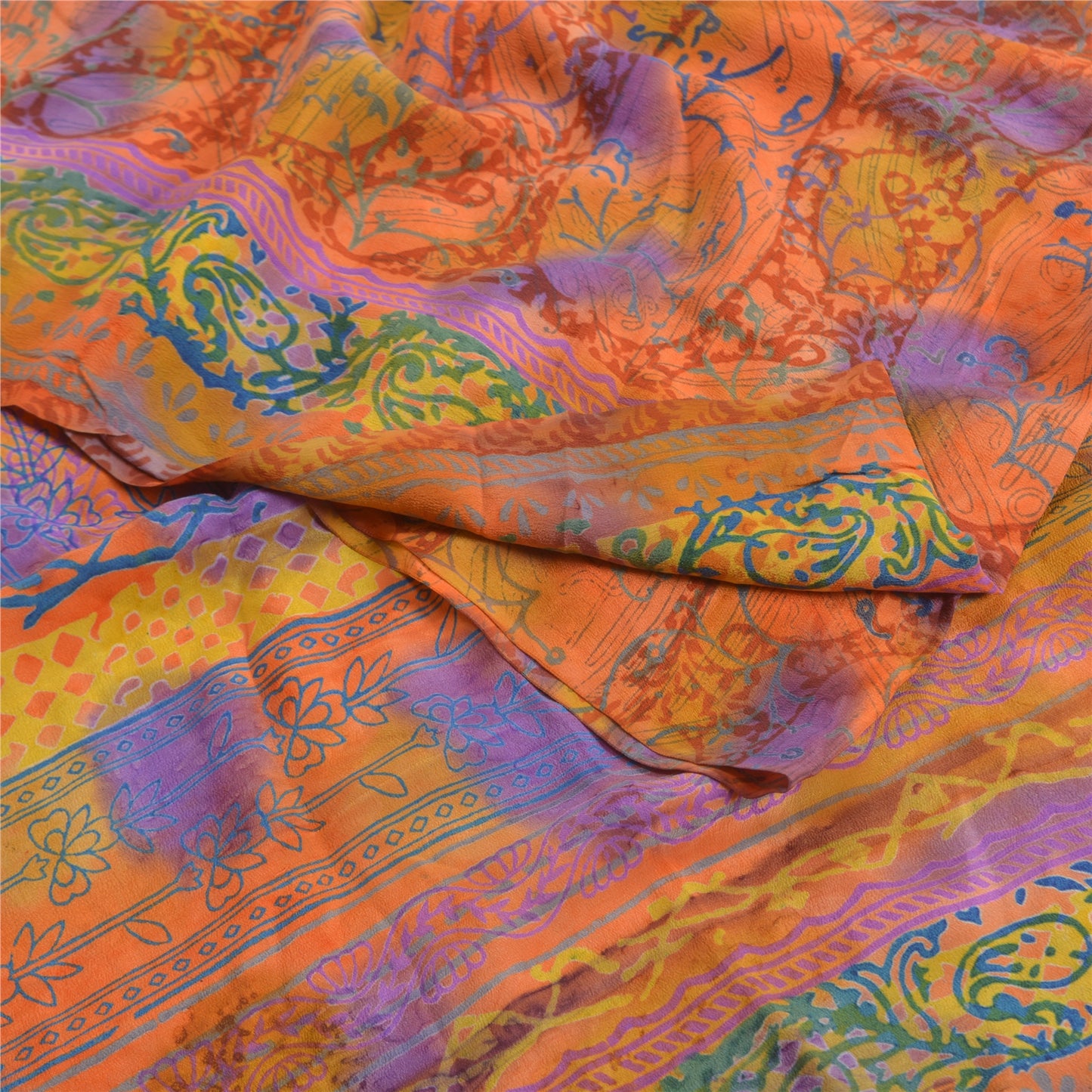 Sanskriti Vintage Sarees Orange Indian Pure Crepe Silk Printed Sari Craft Sustainable Fabric