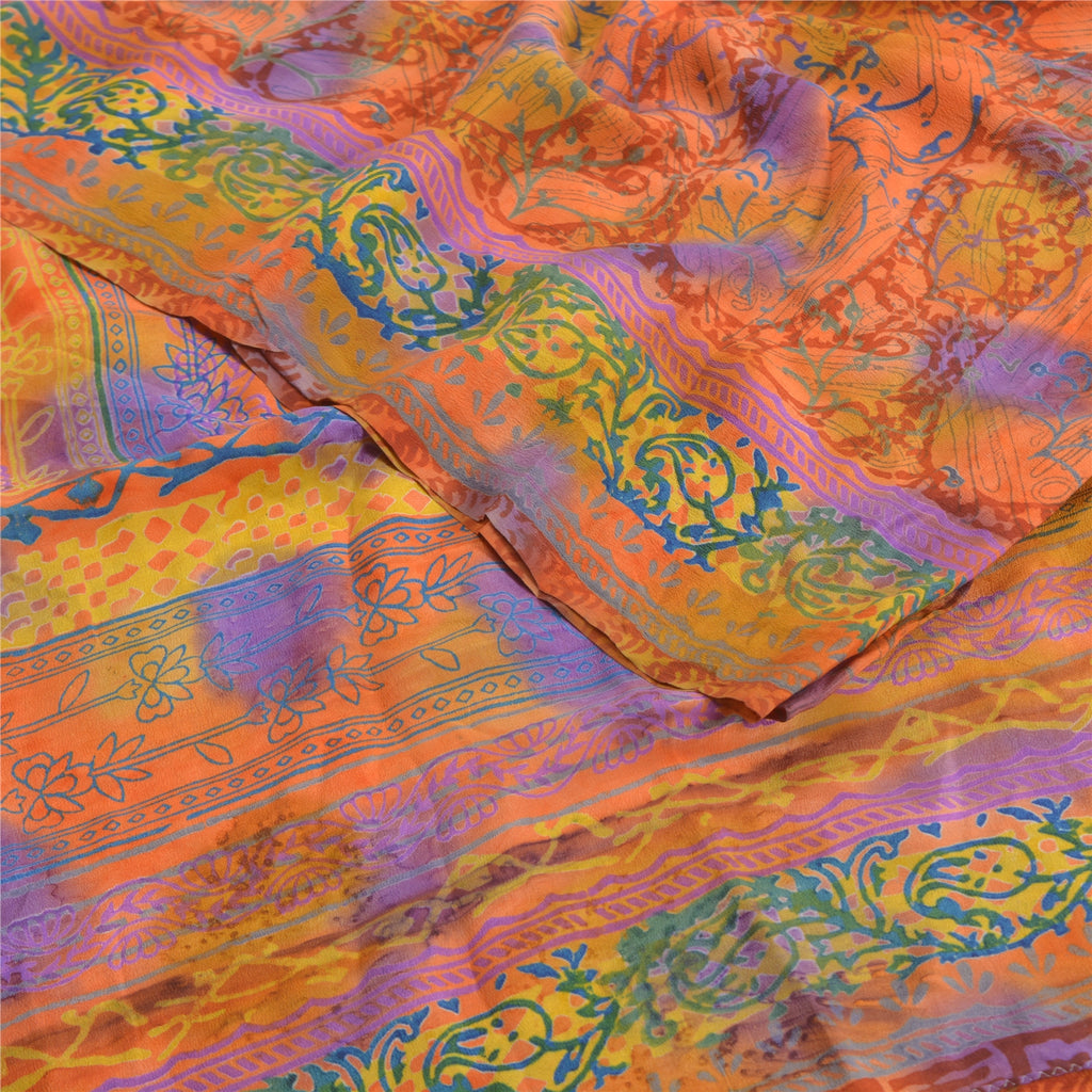 Sanskriti Vintage Sarees Orange Indian Pure Crepe Silk Printed Sari Craft Sustainable Fabric