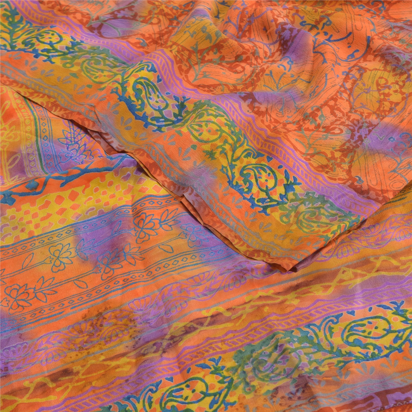 Sanskriti Vintage Sarees Orange Indian Pure Crepe Silk Printed Sari Craft Sustainable Fabric