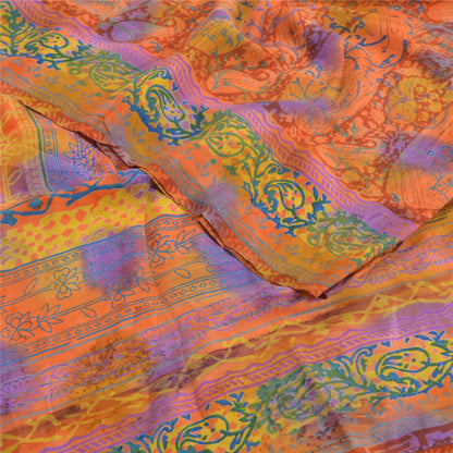 Sanskriti Vintage Sarees Orange Indian Pure Crepe Silk Printed Sari Craft Sustainable Fabric