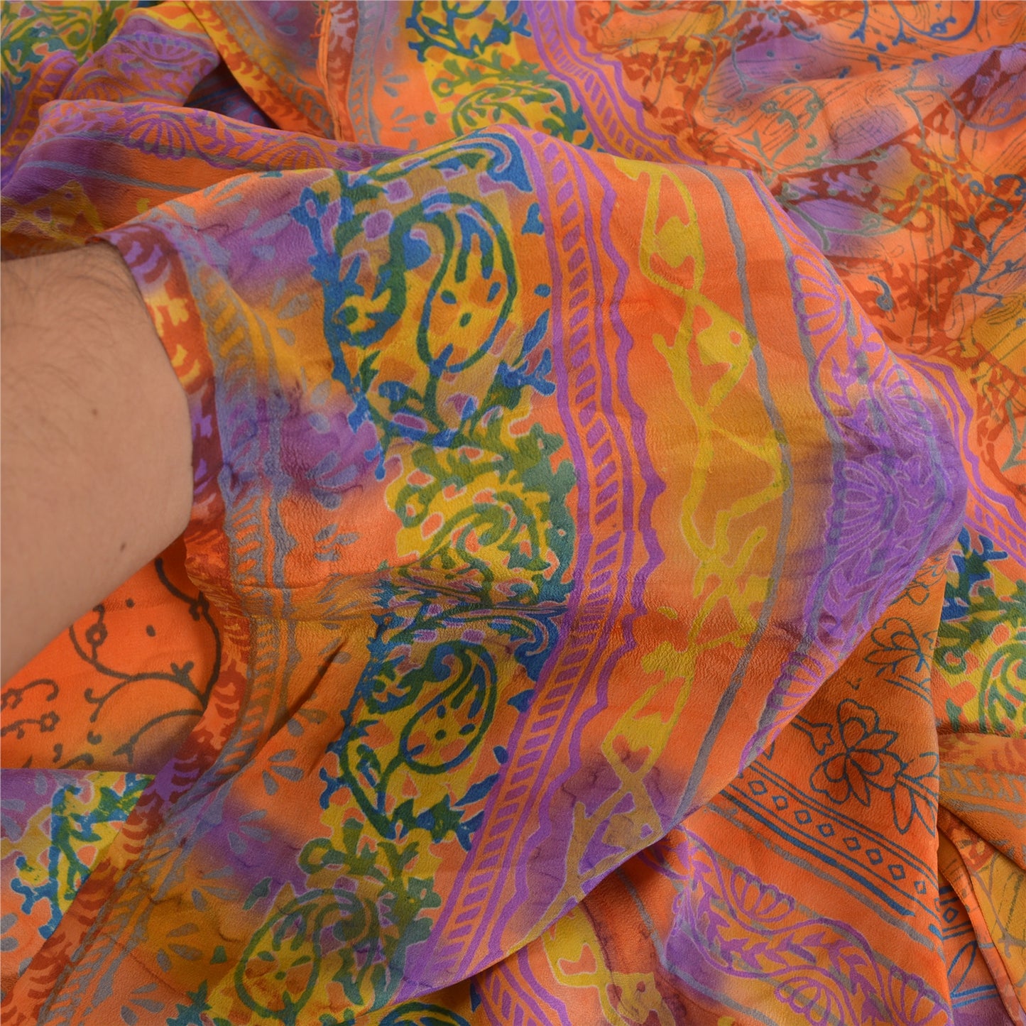 Sanskriti Vintage Sarees Orange Indian Pure Crepe Silk Printed Sari Craft Sustainable Fabric