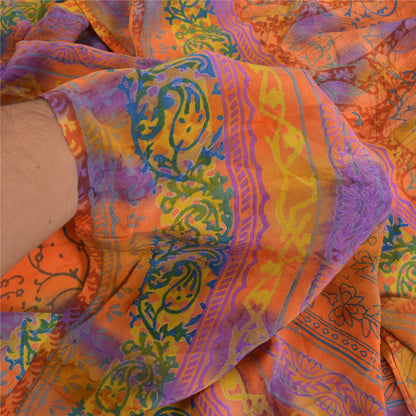 Sanskriti Vintage Sarees Orange Indian Pure Crepe Silk Printed Sari Craft Sustainable Fabric