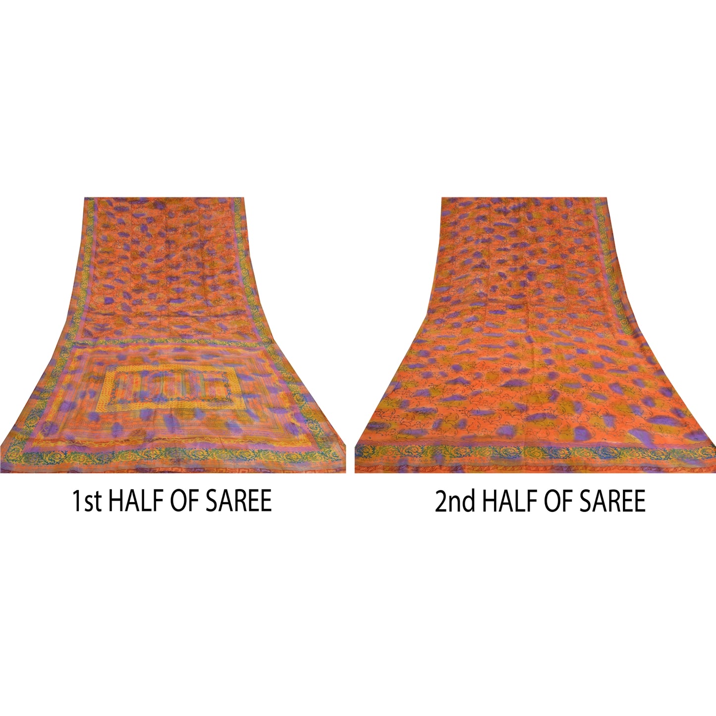 Sanskriti Vintage Sarees Orange Indian Pure Crepe Silk Printed Sari Craft Sustainable Fabric