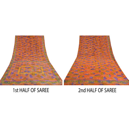 Sanskriti Vintage Sarees Orange Indian Pure Crepe Silk Printed Sari Craft Sustainable Fabric