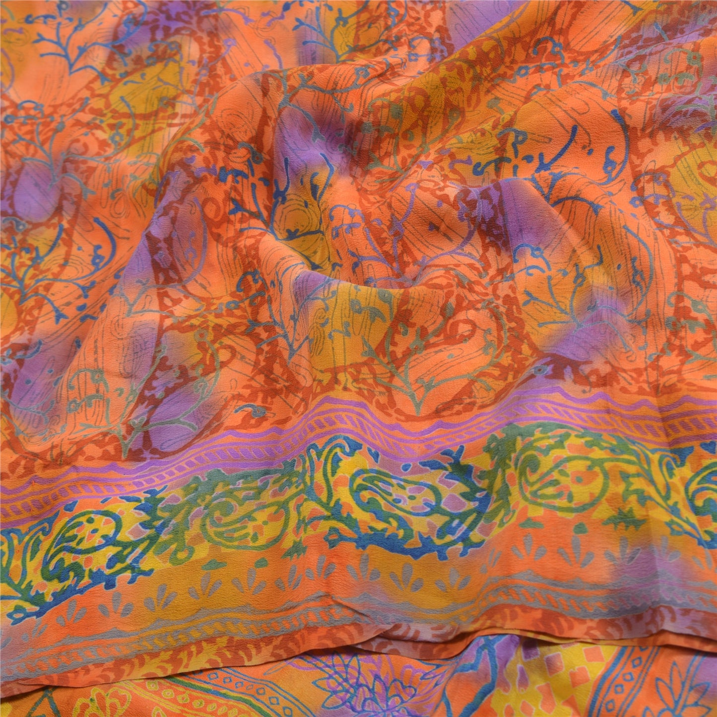Sanskriti Vintage Sarees Orange Indian Pure Crepe Silk Printed Sari Craft Sustainable Fabric