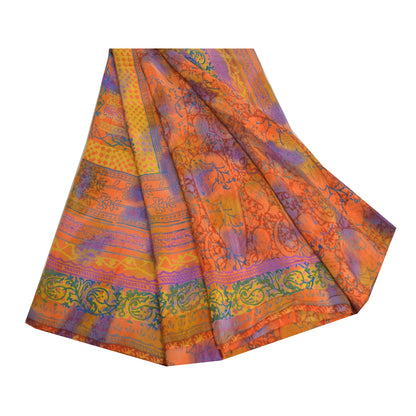 Sanskriti Vintage Sarees Orange Indian Pure Crepe Silk Printed Sari Craft Sustainable Fabric