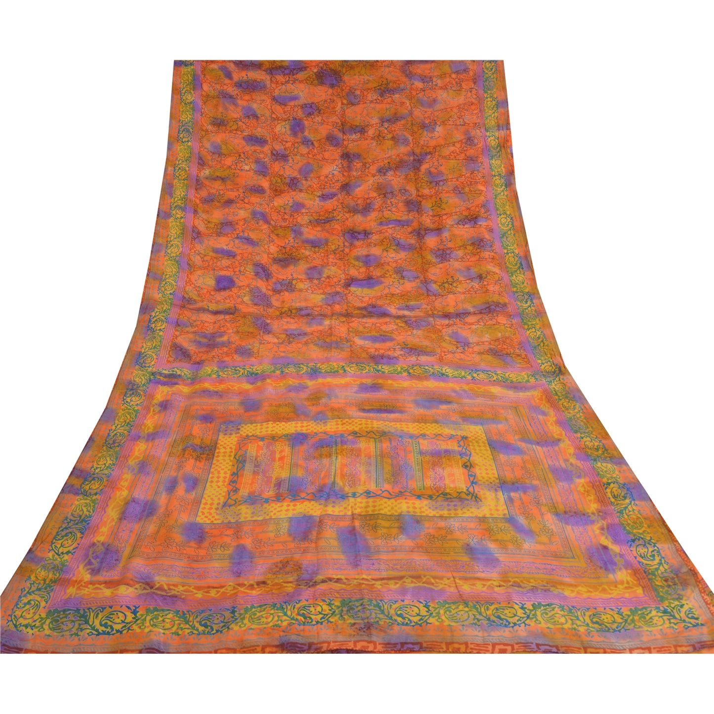 Sanskriti Vintage Sarees Orange Indian Pure Crepe Silk Printed Sari Craft Sustainable Fabric