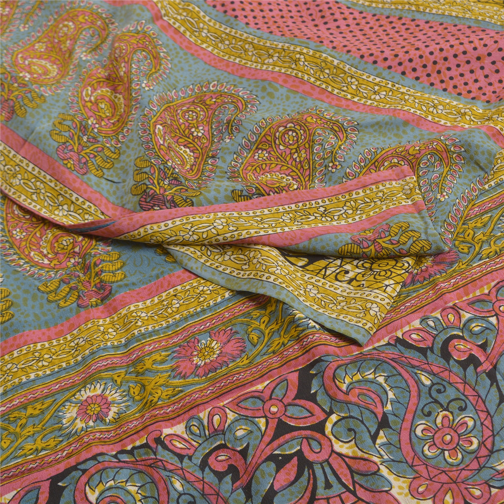 Sanskriti Vintage Sarees Green From India Pure Crepe Silk Print Sari CraftSustainable Fabric