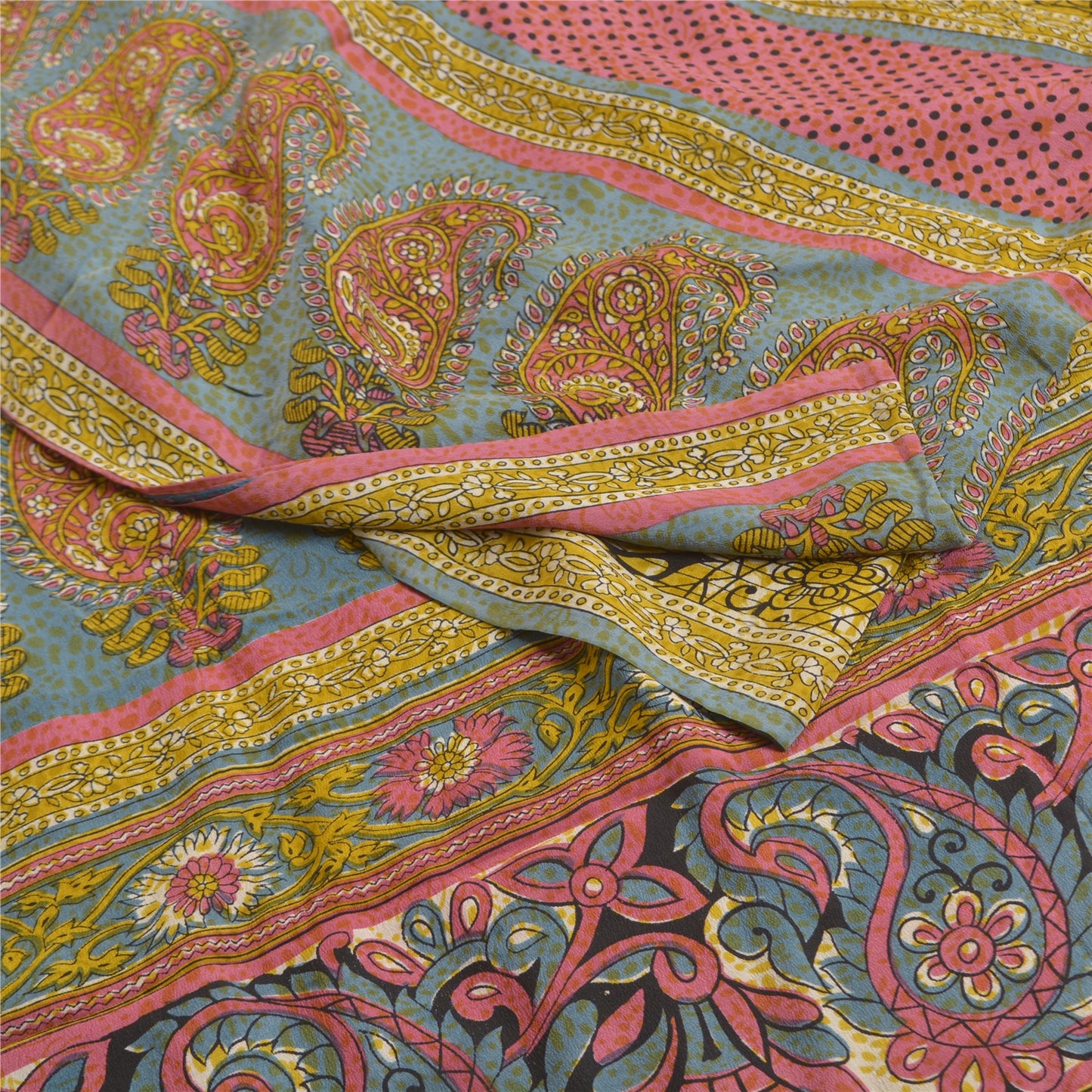 Sanskriti Vintage Sarees Green From India Pure Crepe Silk Print Sari CraftSustainable Fabric