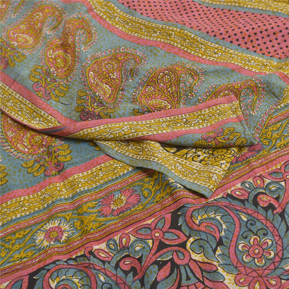 Sanskriti Vintage Sarees Green From India Pure Crepe Silk Print Sari CraftSustainable Fabric