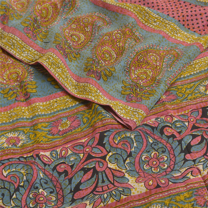 Sanskriti Vintage Sarees Green From India Pure Crepe Silk Print Sari CraftSustainable Fabric