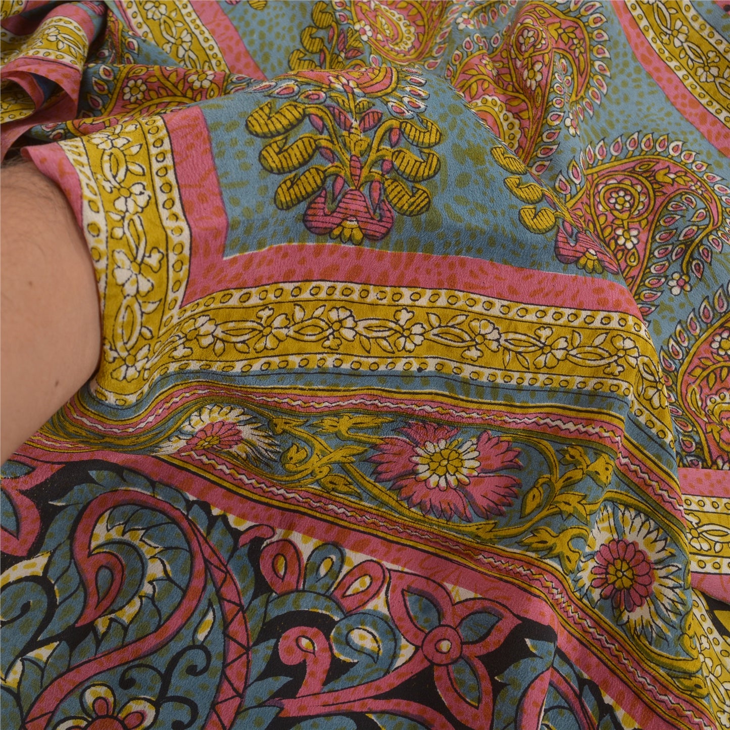 Sanskriti Vintage Sarees Green From India Pure Crepe Silk Print Sari CraftSustainable Fabric