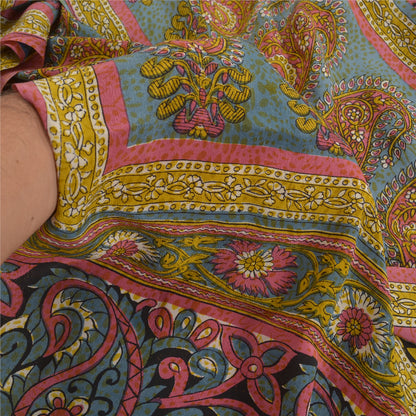 Sanskriti Vintage Sarees Green From India Pure Crepe Silk Print Sari CraftSustainable Fabric