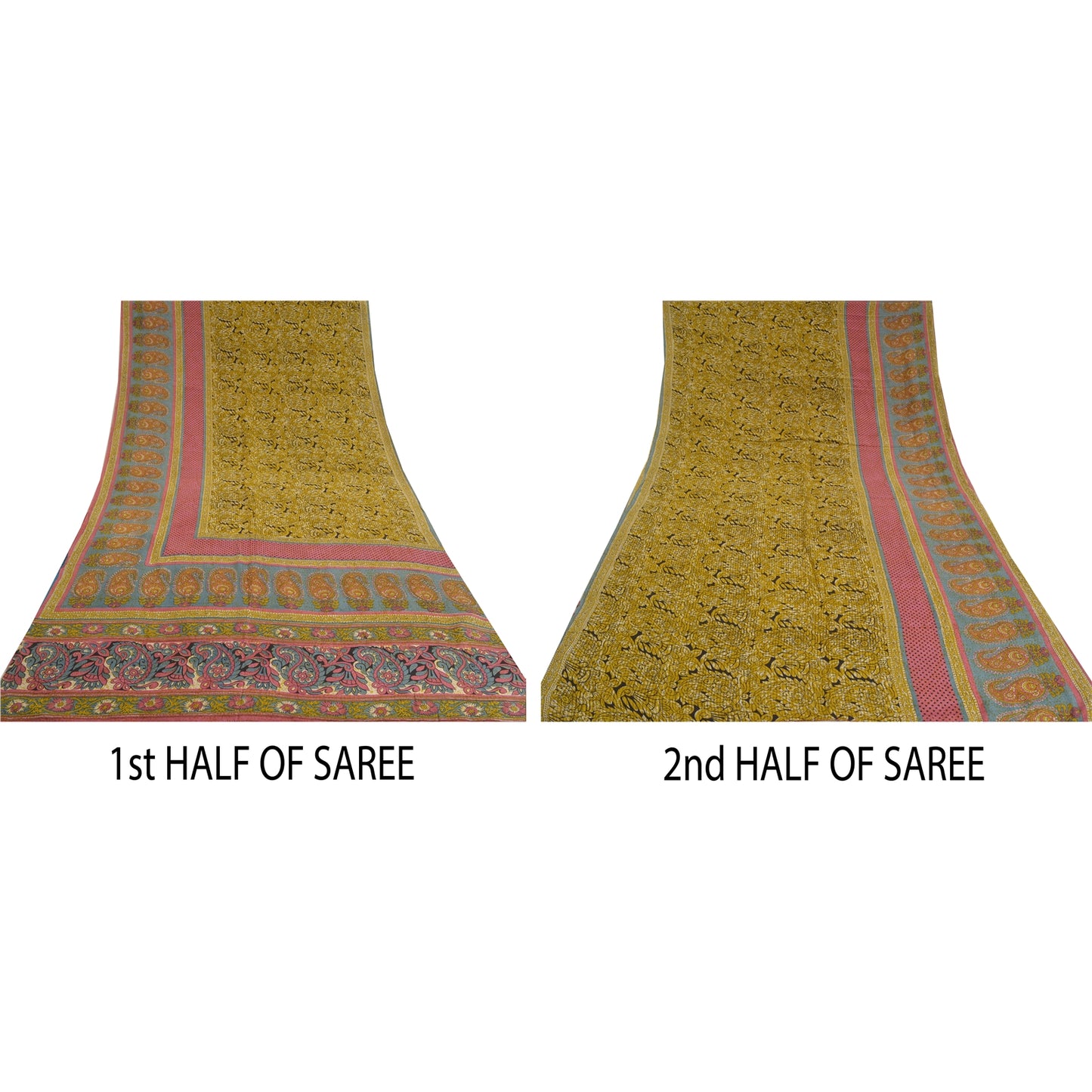 Sanskriti Vintage Sarees Green From India Pure Crepe Silk Print Sari CraftSustainable Fabric