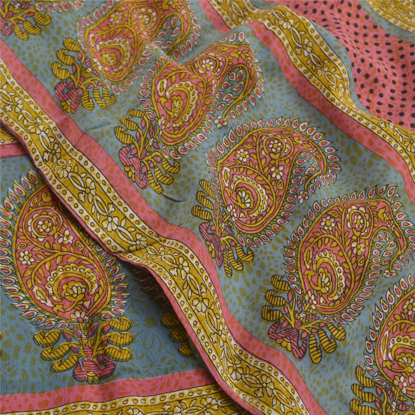 Sanskriti Vintage Sarees Green From India Pure Crepe Silk Print Sari CraftSustainable Fabric