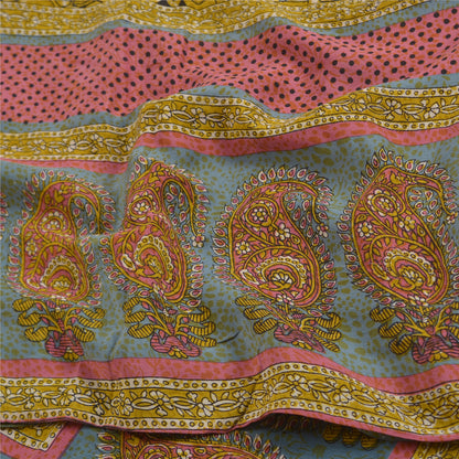 Sanskriti Vintage Sarees Green From India Pure Crepe Silk Print Sari CraftSustainable Fabric