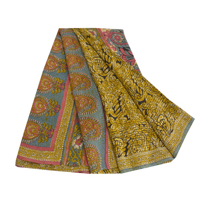 Sanskriti Vintage Sarees Green From India Pure Crepe Silk Print Sari CraftSustainable Fabric