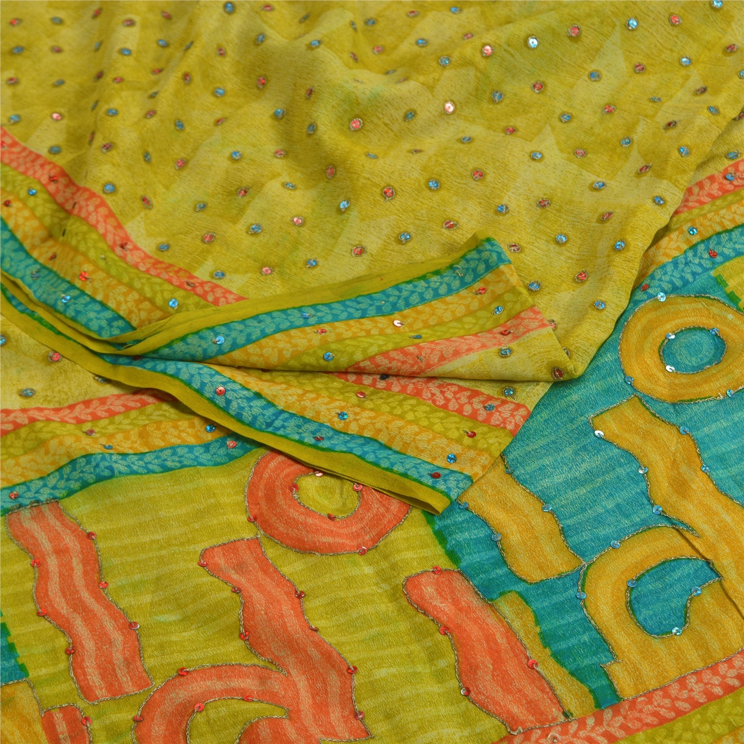 Sanskriti Vintage Sarees Green Hand Beaded Pure Crepe Silk Printed Sari Sustainable Fabric