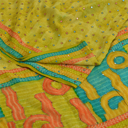 Sanskriti Vintage Sarees Green Hand Beaded Pure Crepe Silk Printed Sari Sustainable Fabric