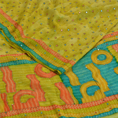 Sanskriti Vintage Sarees Green Hand Beaded Pure Crepe Silk Printed Sari Sustainable Fabric