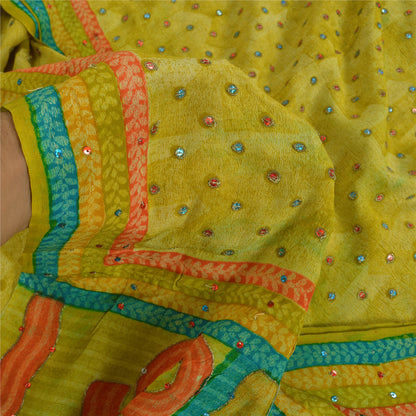 Sanskriti Vintage Sarees Green Hand Beaded Pure Crepe Silk Printed Sari Sustainable Fabric