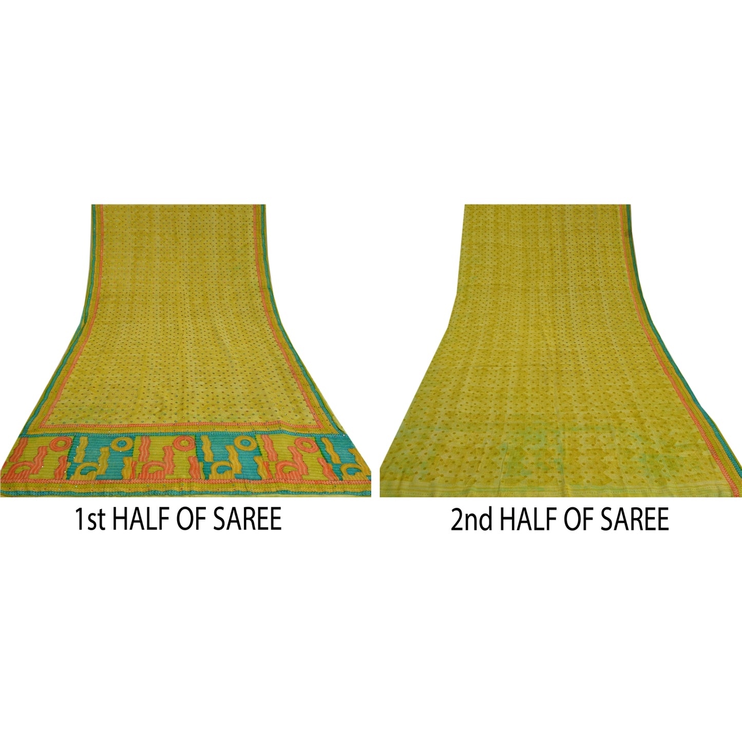 Sanskriti Vintage Sarees Green Hand Beaded Pure Crepe Silk Printed Sari Sustainable Fabric