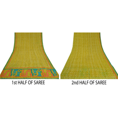Sanskriti Vintage Sarees Green Hand Beaded Pure Crepe Silk Printed Sari Sustainable Fabric