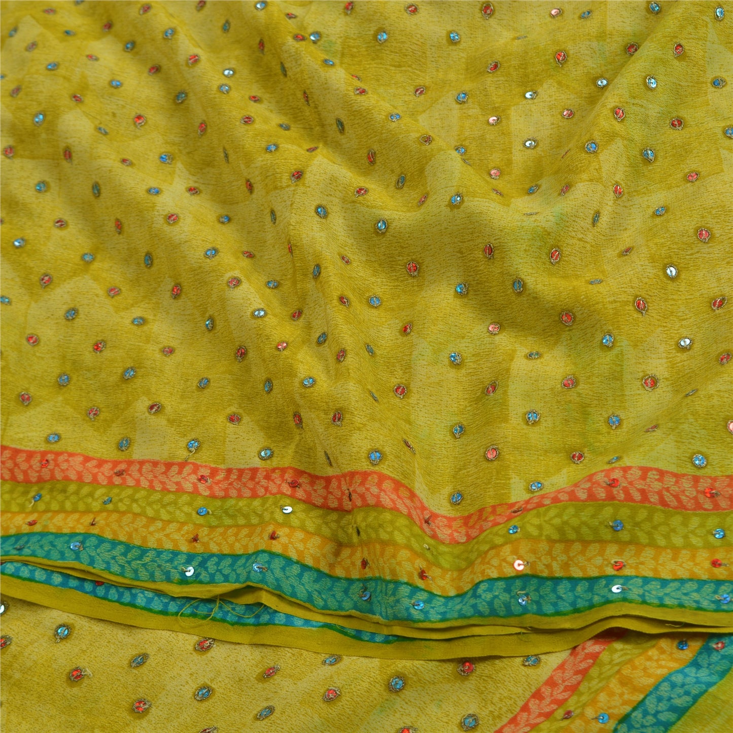 Sanskriti Vintage Sarees Green Hand Beaded Pure Crepe Silk Printed Sari Sustainable Fabric