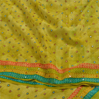 Sanskriti Vintage Sarees Green Hand Beaded Pure Crepe Silk Printed Sari Sustainable Fabric