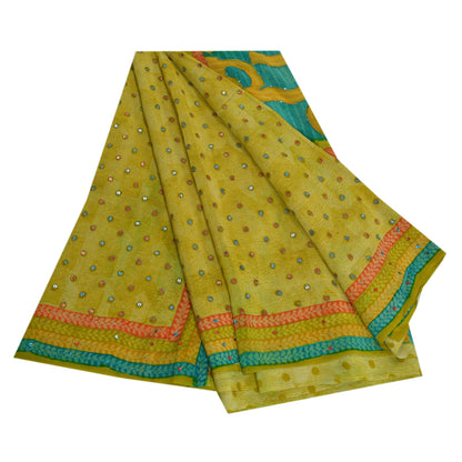 Sanskriti Vintage Sarees Green Hand Beaded Pure Crepe Silk Printed Sari Sustainable Fabric