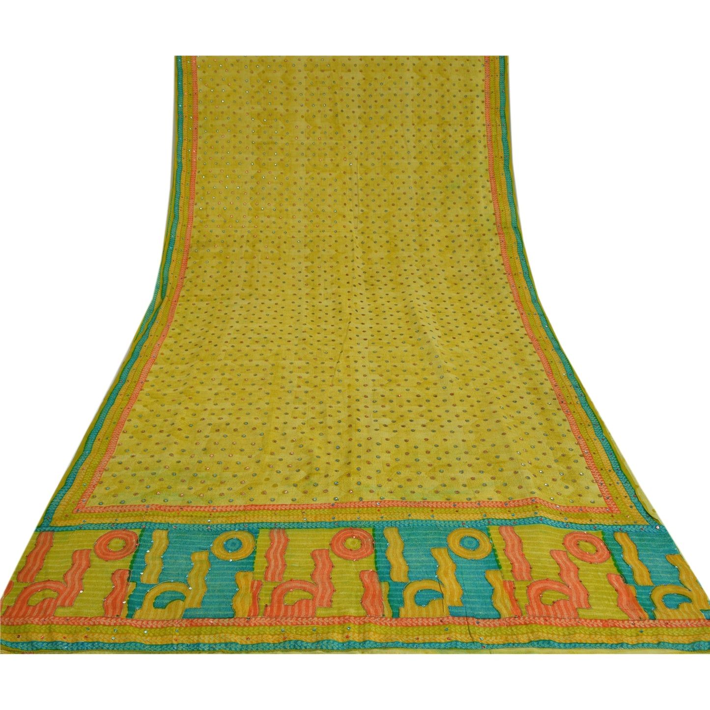 Sanskriti Vintage Sarees Green Hand Beaded Pure Crepe Silk Printed Sari Sustainable Fabric