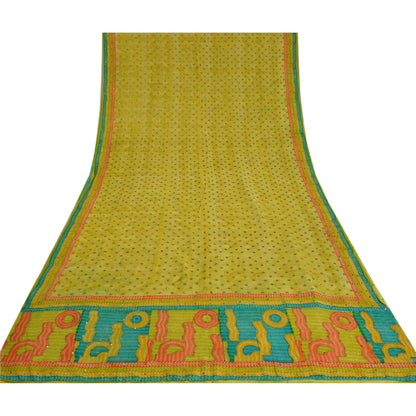 Sanskriti Vintage Sarees Green Hand Beaded Pure Crepe Silk Printed Sari Sustainable Fabric