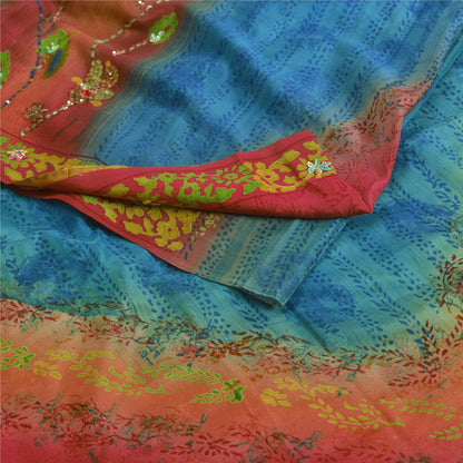 Sanskriti Vintage Sarees Multi Hand Beaded Pure Crepe Silk Sari 5yd Craft Sustainable Fabric