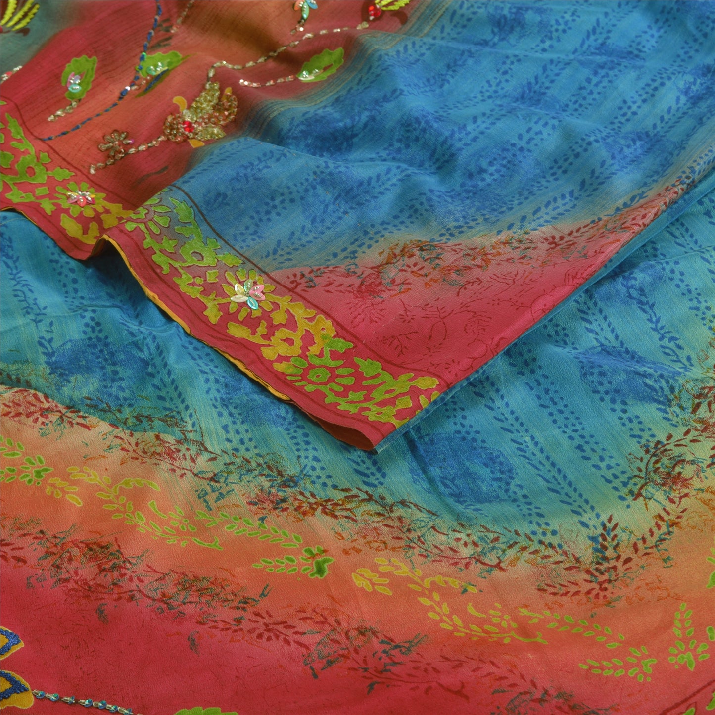 Sanskriti Vintage Sarees Multi Hand Beaded Pure Crepe Silk Sari 5yd Craft Sustainable Fabric