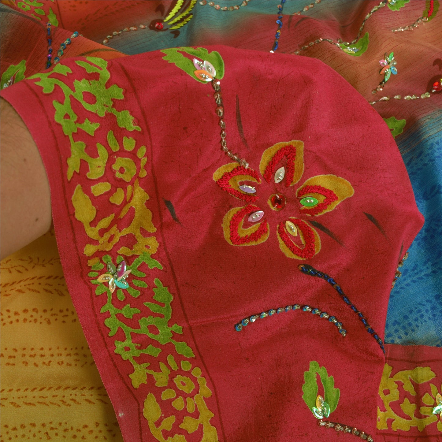 Sanskriti Vintage Sarees Multi Hand Beaded Pure Crepe Silk Sari 5yd Craft Sustainable Fabric