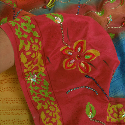 Sanskriti Vintage Sarees Multi Hand Beaded Pure Crepe Silk Sari 5yd Craft Sustainable Fabric