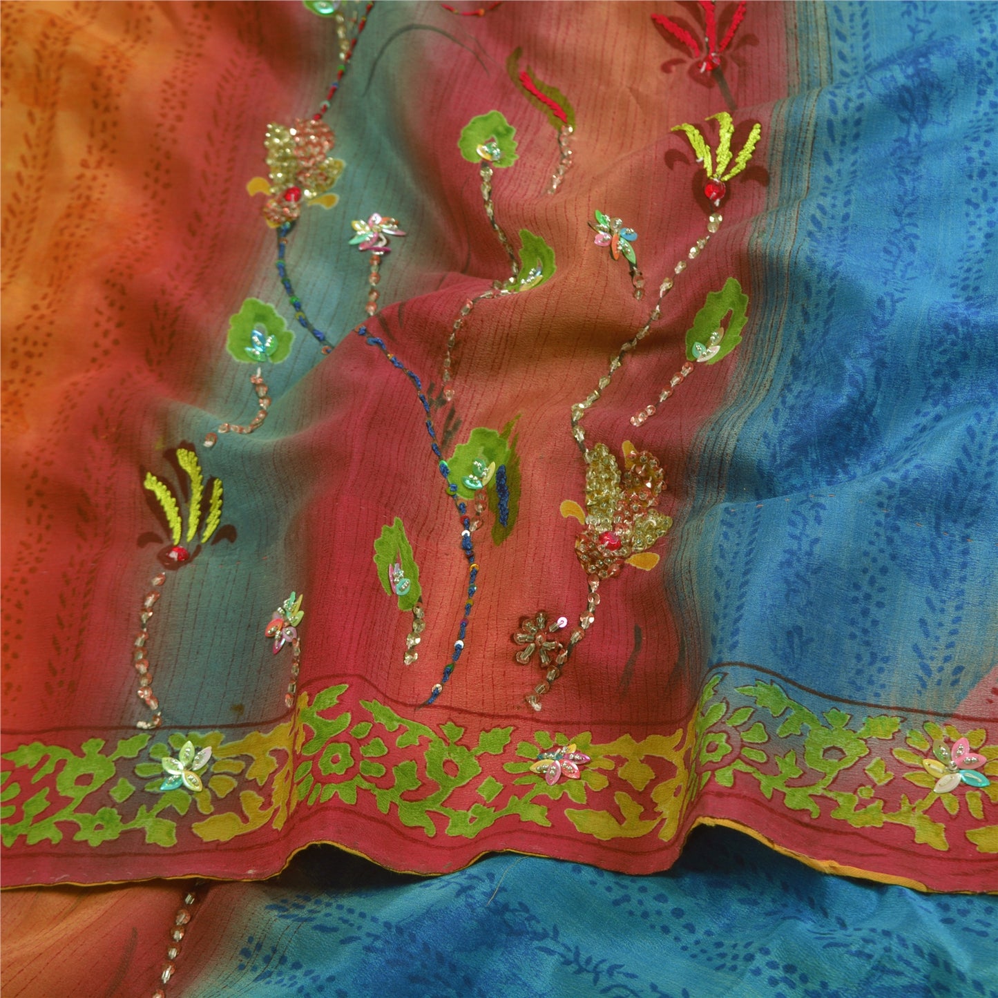 Sanskriti Vintage Sarees Multi Hand Beaded Pure Crepe Silk Sari 5yd Craft Sustainable Fabric