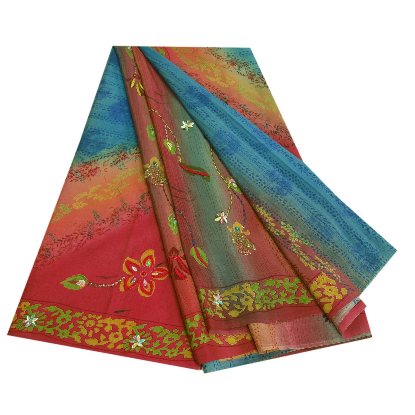 Sanskriti Vintage Sarees Multi Hand Beaded Pure Crepe Silk Sari 5yd Craft Sustainable Fabric