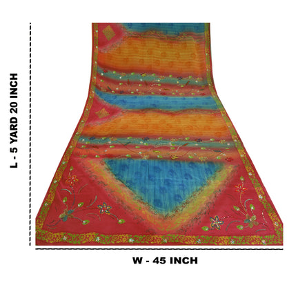 Sanskriti Vintage Sarees Multi Hand Beaded Pure Crepe Silk Sari 5yd Craft Sustainable Fabric