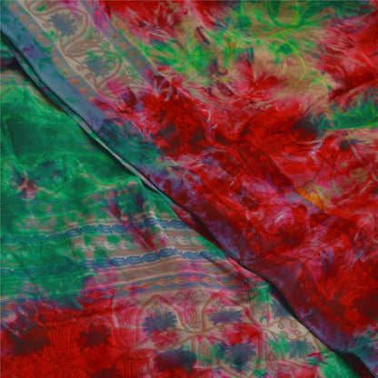 Sanskriti Vintage Sarees Red Tie-Dye Pure Crepe Silk Sari Soft 5yd Craft Sustainable Fabric