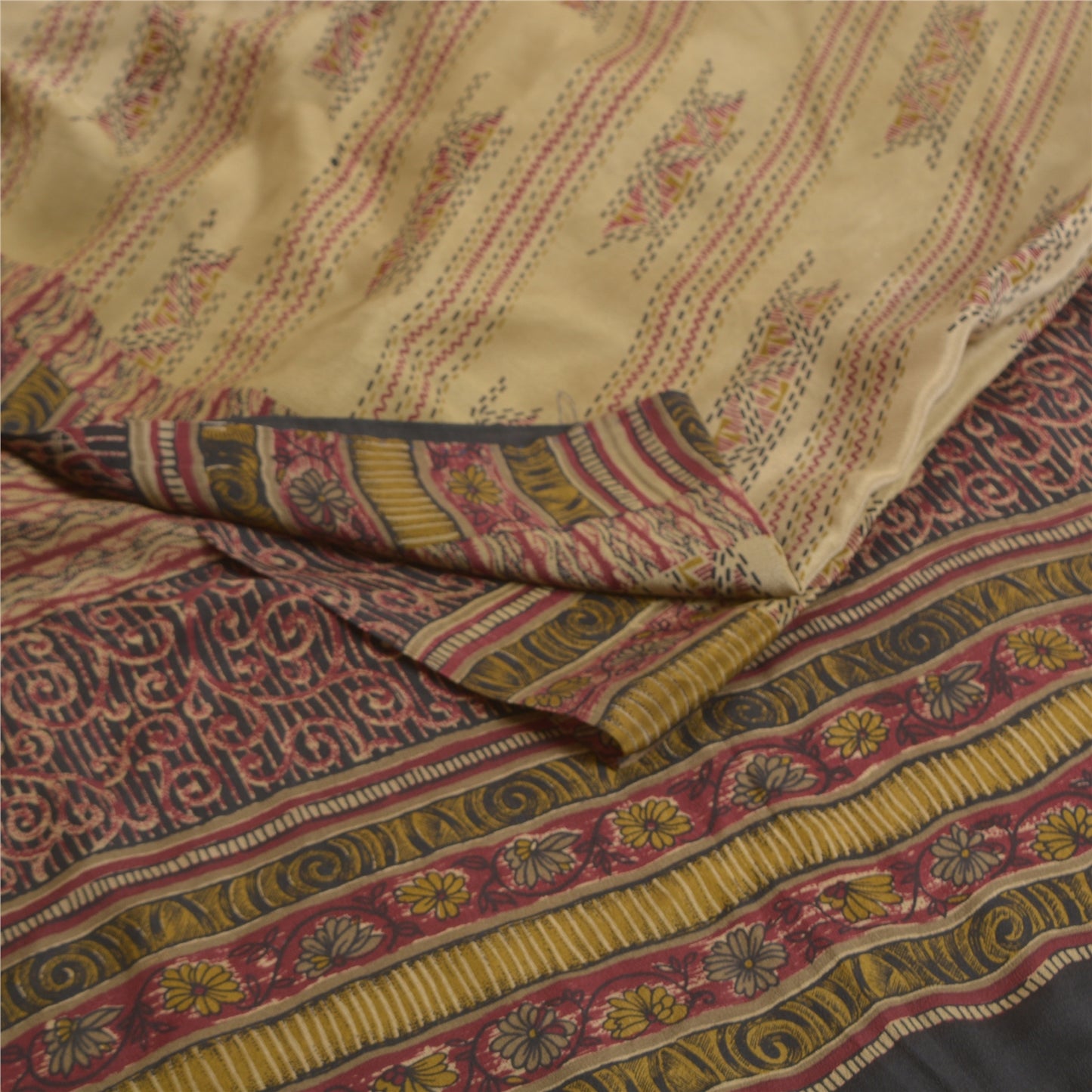 Санскритские винтажные сари бледно-кремовый чистый креп шелк с принтом сари 5 ярдов ткань для рукоделия из экологически чистой ткани