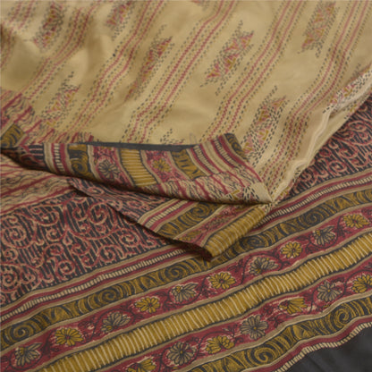 Санскритские винтажные сари бледно-кремовый чистый креп шелк с принтом сари 5 ярдов ткань для рукоделия из экологически чистой ткани