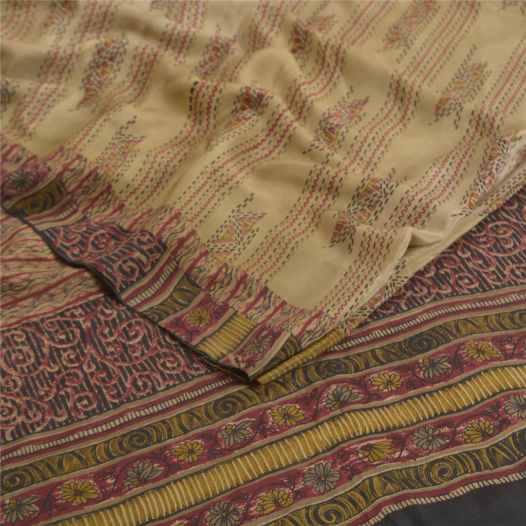 Санскритские винтажные сари бледно-кремовый чистый креп шелк с принтом сари 5 ярдов ткань для рукоделия из экологически чистой ткани