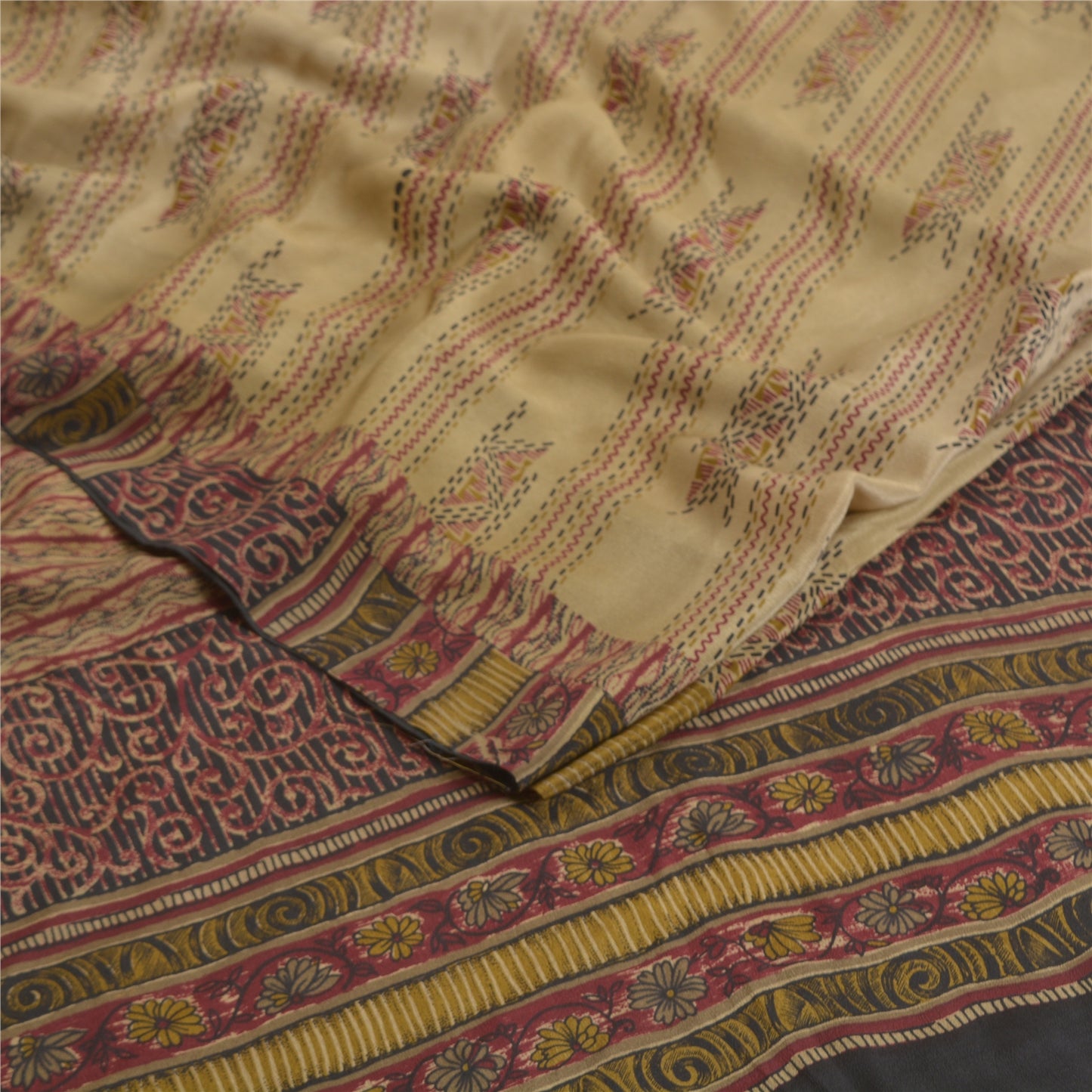 Санскритские винтажные сари бледно-кремовый чистый креп шелк с принтом сари 5 ярдов ткань для рукоделия из экологически чистой ткани